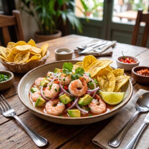 Ceviche de Camarón con Aguacate y chips de plátano