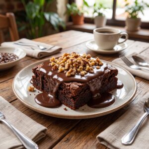 Brownie en salsa de chocolate y nueces