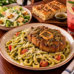 Pasta Fettuccine al Pesto con Ossobuco de Cerdo